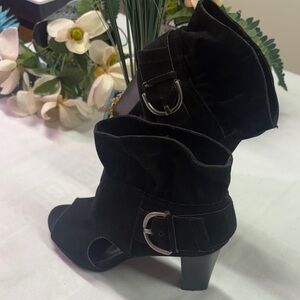 a.n.a Black Suede Peep-Toe Ankle Boots with Buckle Detail
